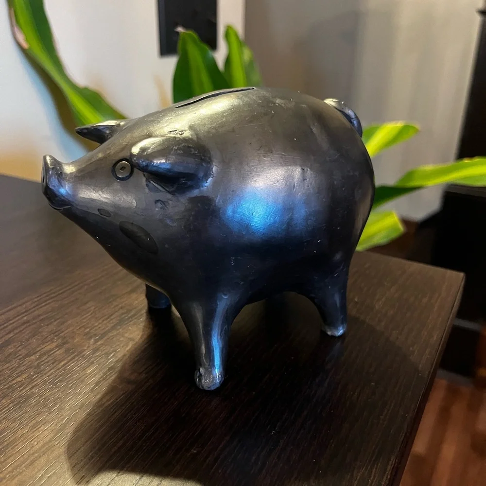 Vintage Handmade Blackware Pottery Piggy Bank Signed Oaxaca Mexico - Picture 7 of 9